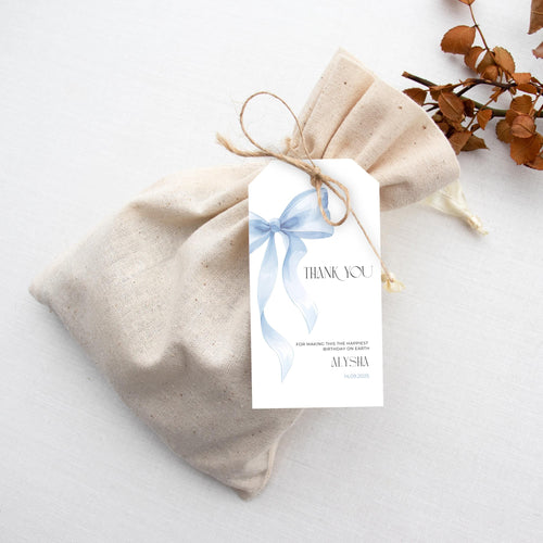 Blue Bow Thank You Birthday Favor Tag