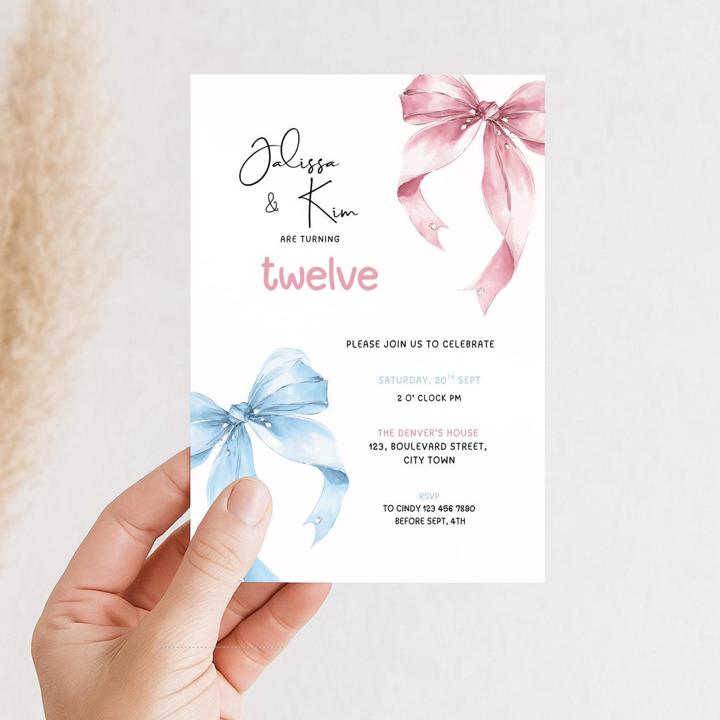 Twin 12th Birthday Invitation Pink Blue Bow