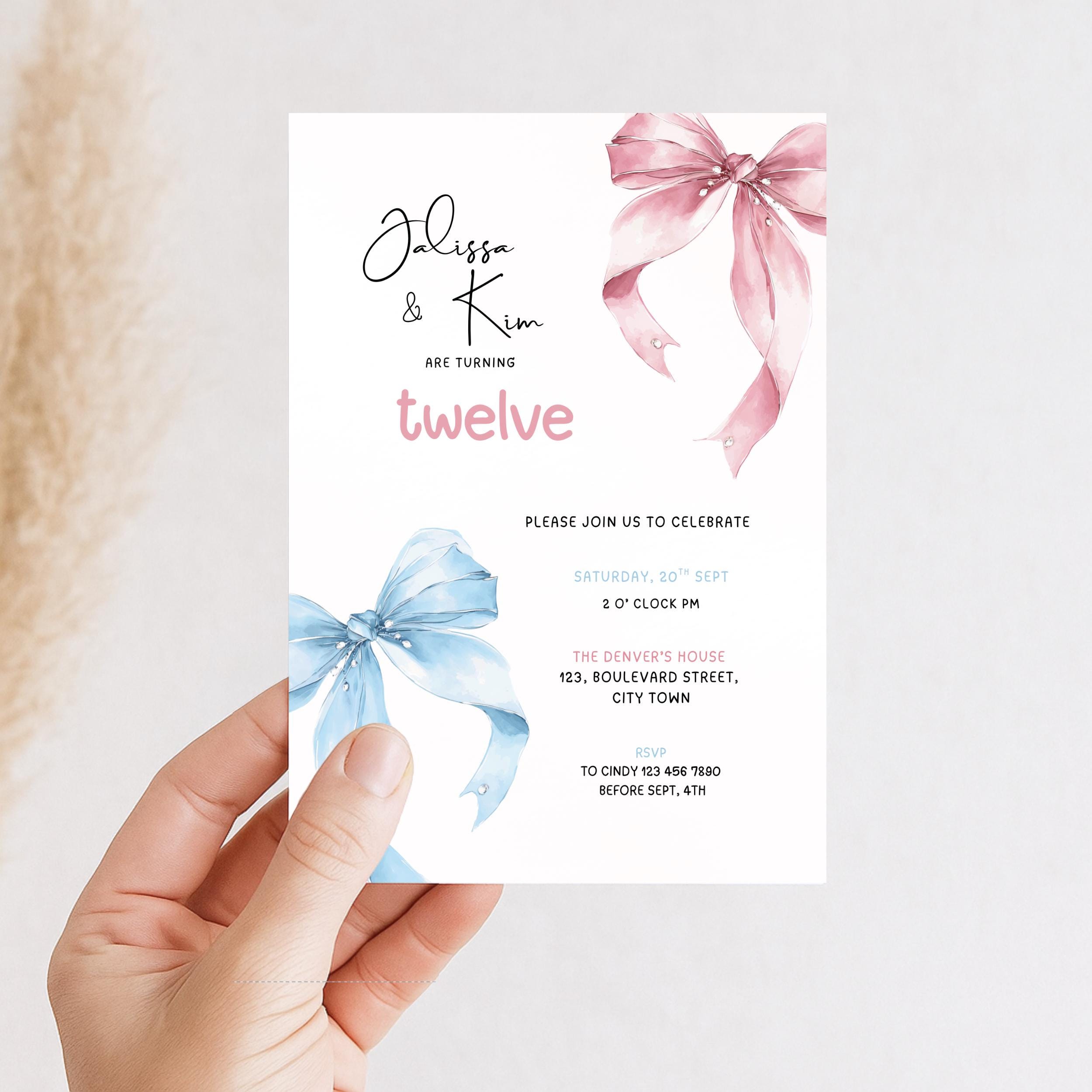 Twin 12th Birthday Invitation Pink Blue Bow
