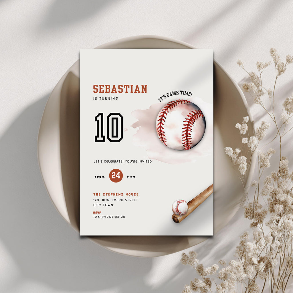 Baseball-themed birthday invitation card for Sebastian's 10th birthday on a white surface with decorative elements.