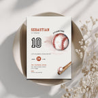 Baseball-themed birthday invitation card for Sebastian's 10th birthday on a white surface with decorative elements.
