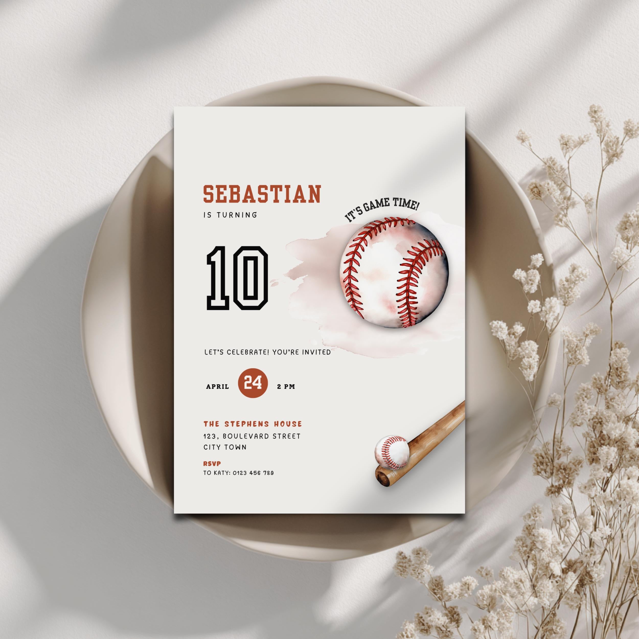Baseball-themed birthday invitation card for Sebastian's 10th birthday on a white surface with decorative elements.