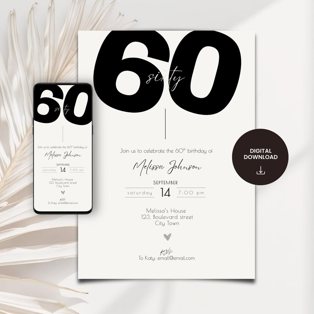60th birthday invitation card with digital download icon on a white background
