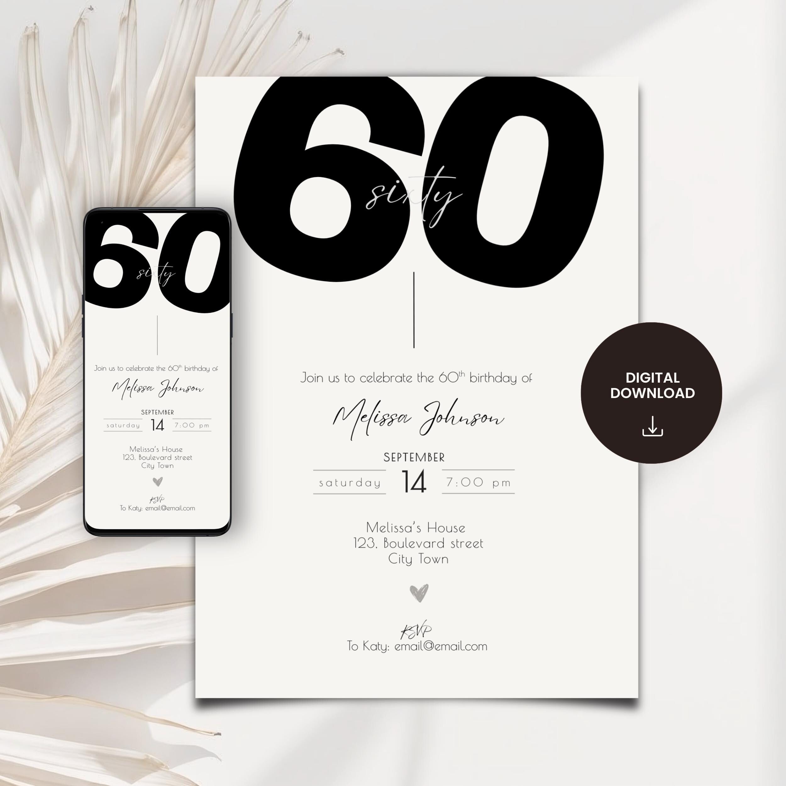 60th birthday invitation card with digital download icon on a white background
