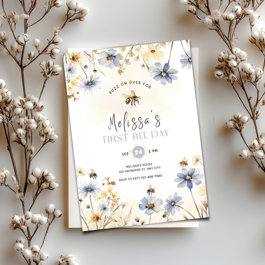 Floral Sweet To Bee One First Birthday Invitation