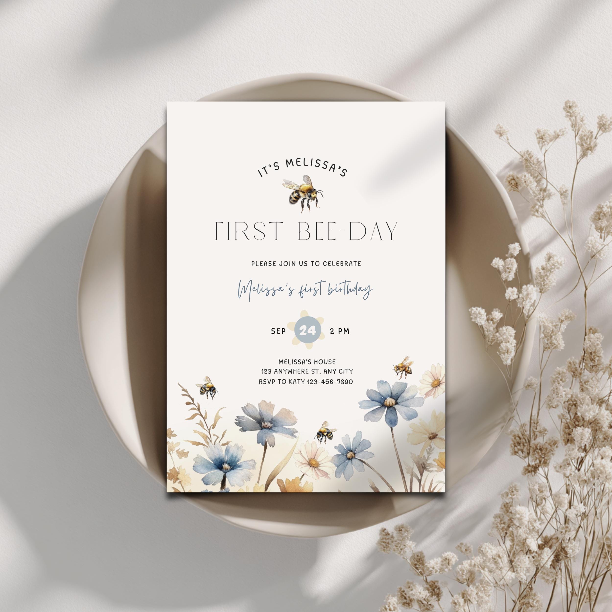 Floral First Bee Day Birthday Invitation