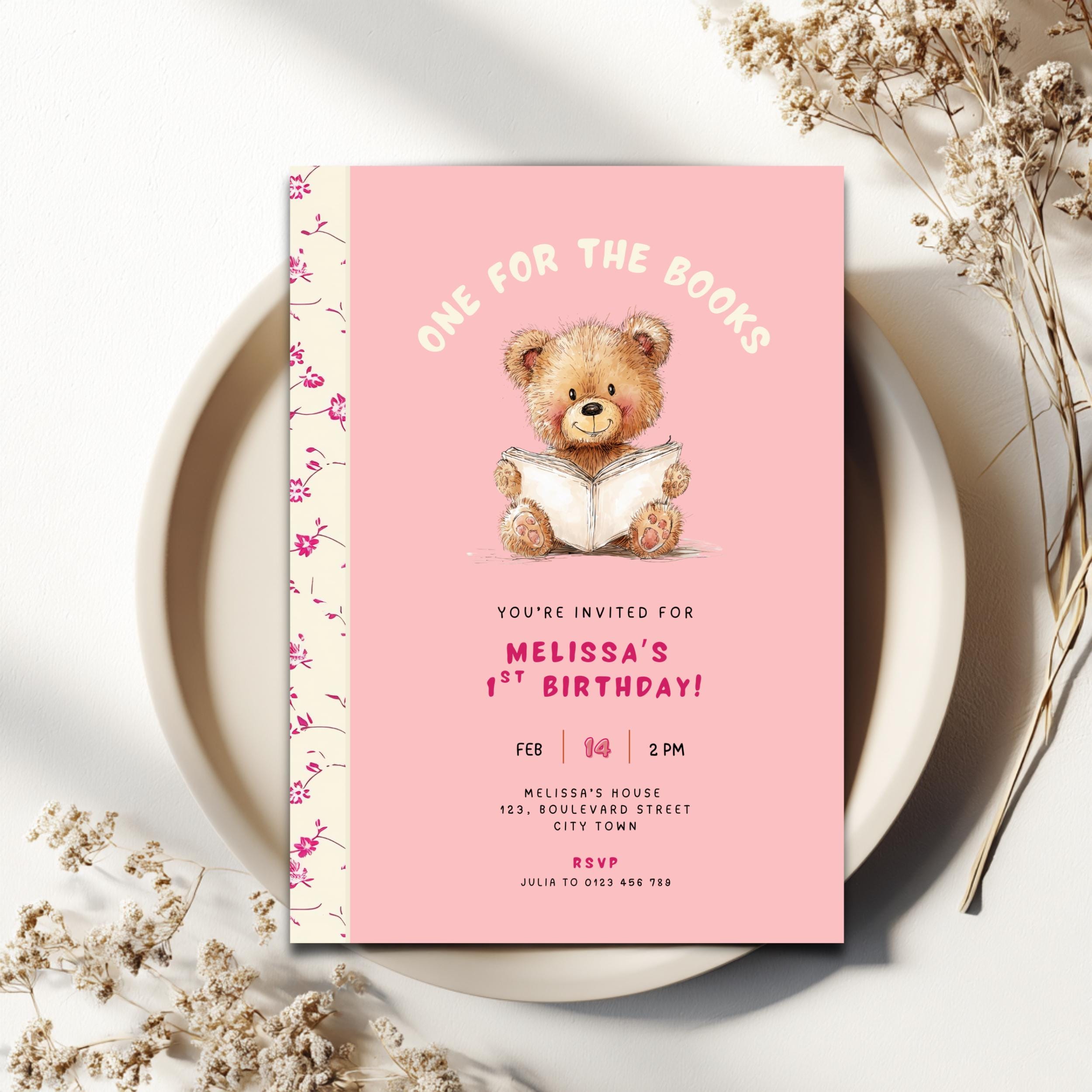 Pink Chapter One First Birthday Invitation