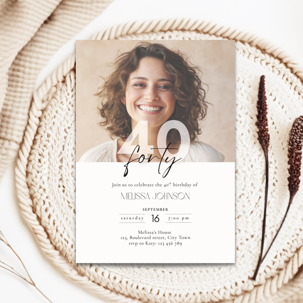 40th Birthday invitation card with a photo of a woman, text details, and a decorative woven plate.