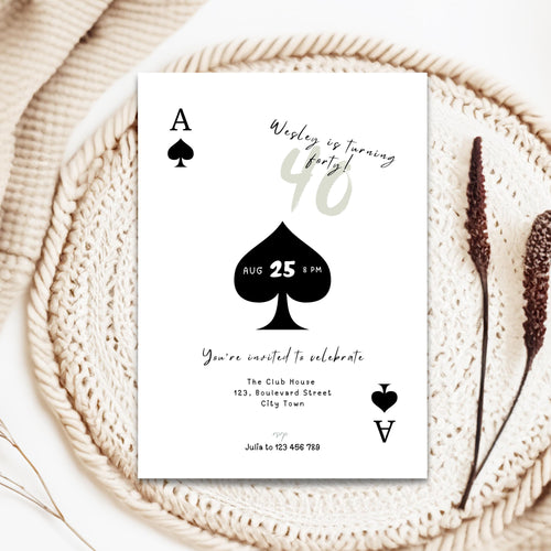Playing card with 40th birthday invitation text on a textured surface with decorative elements