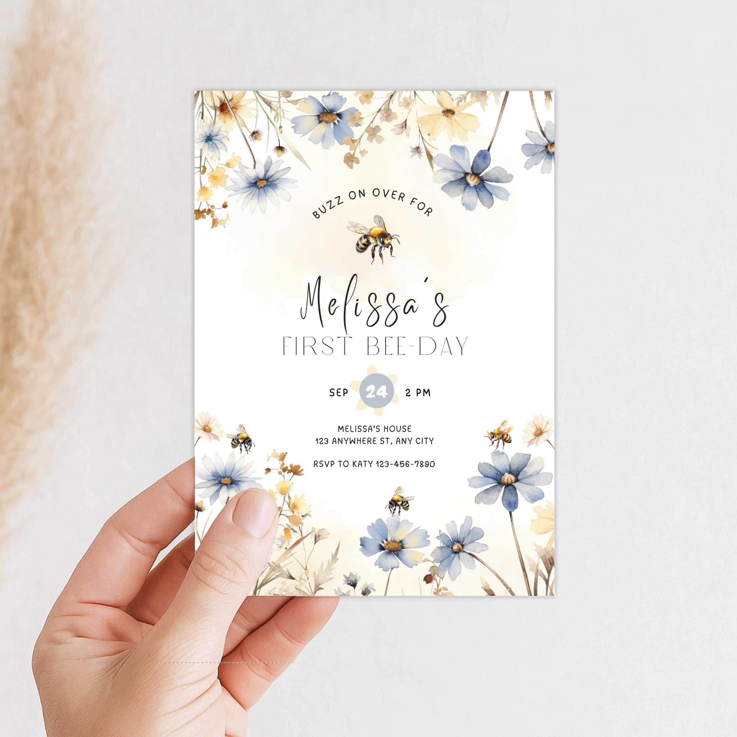 Floral Sweet To Bee One First Birthday Invitation