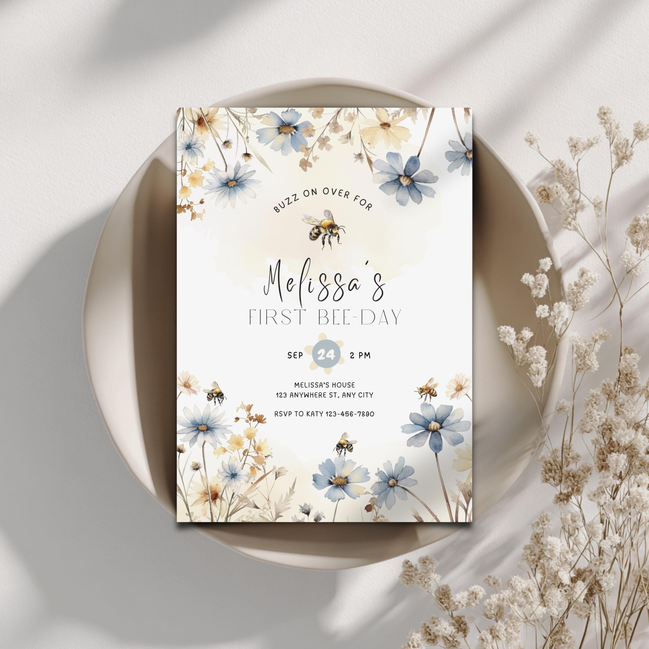 Floral Sweet To Bee One First Birthday Invitation