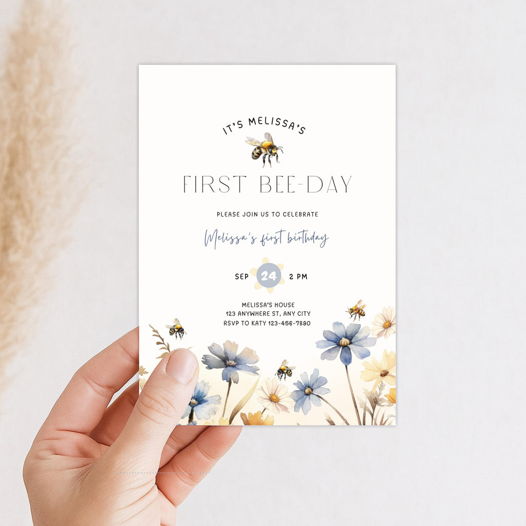 Floral First Bee Day Birthday Invitation