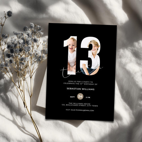 Black 13th birthday photo invitation template for teens