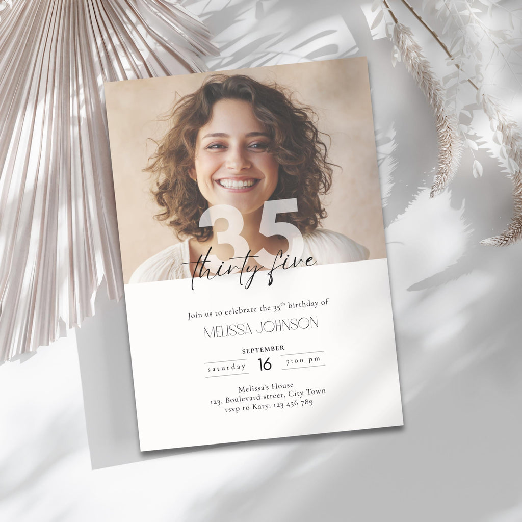 35th birthday invitation card with a photo of a woman and text details on a white background