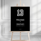 Black sports birthday welcome sign template, customization example