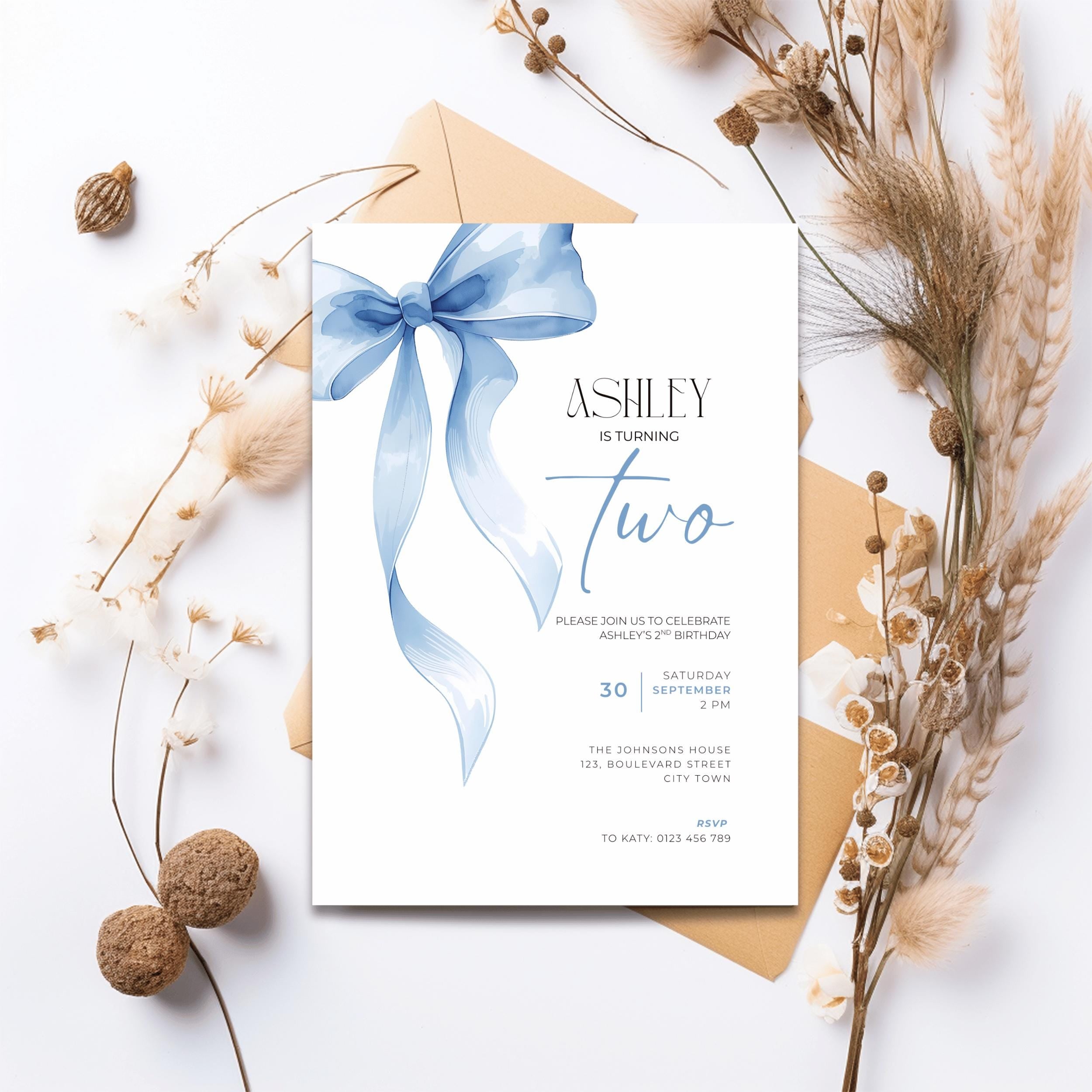 Baby Blue Bow 2nd Birthday Invitation