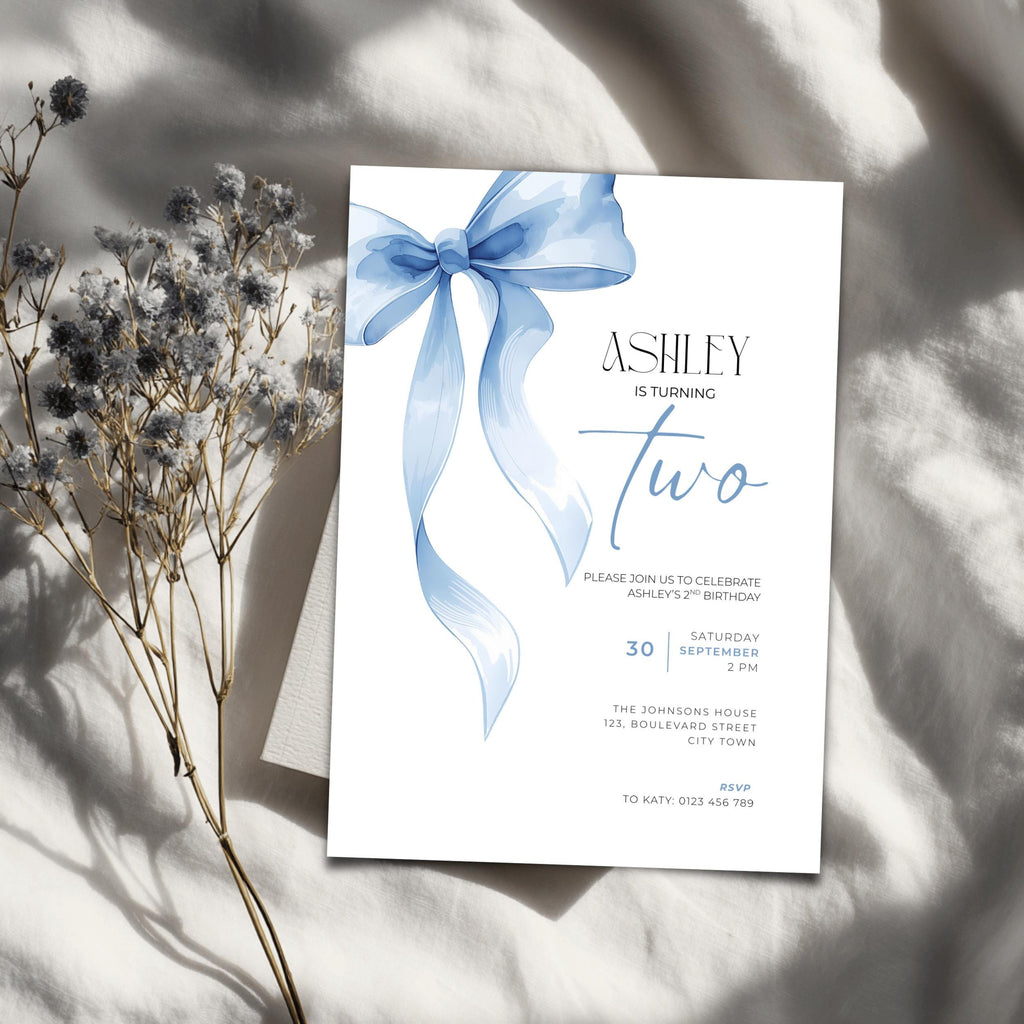 Baby Blue Bow 2nd Birthday Invitation
