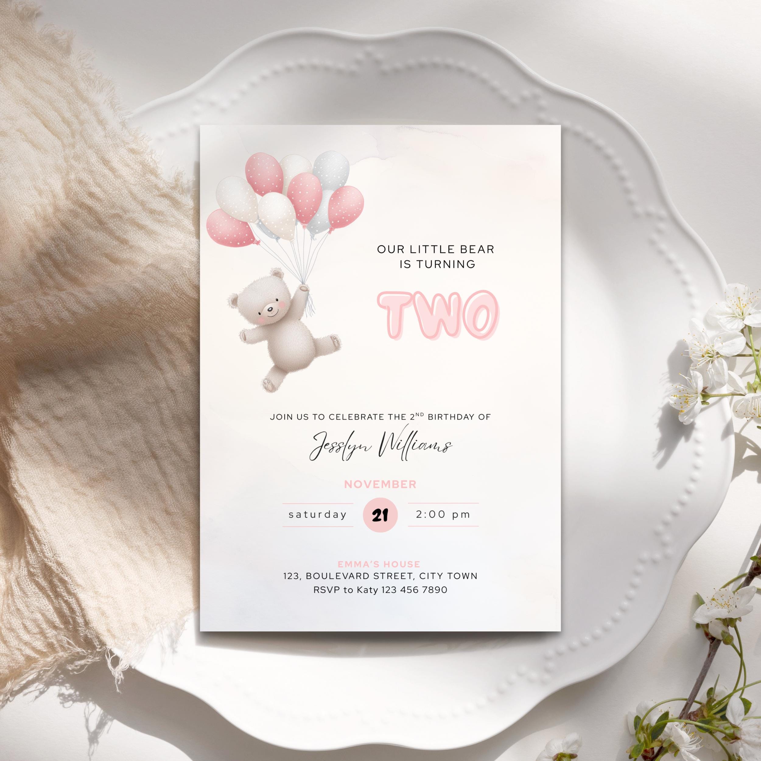 Bear Balloons 2nd Birthday Invitation Pink