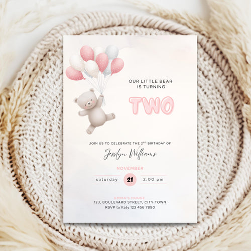 Bear Balloons 2nd Birthday Invitation Pink