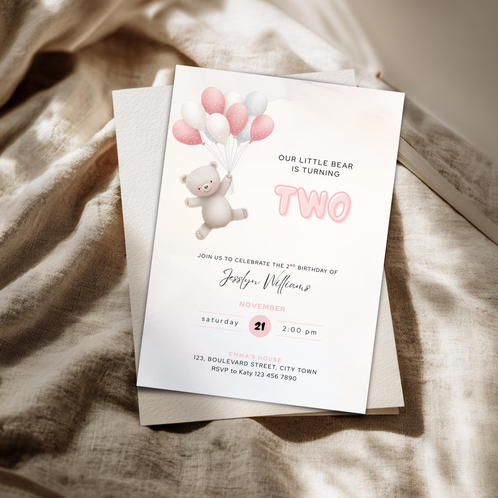 Bear Balloons 2nd Birthday Invitation Pink