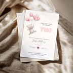 Bear Balloons 2nd Birthday Invitation Pink