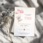 Bear Balloons 2nd Birthday Invitation Pink