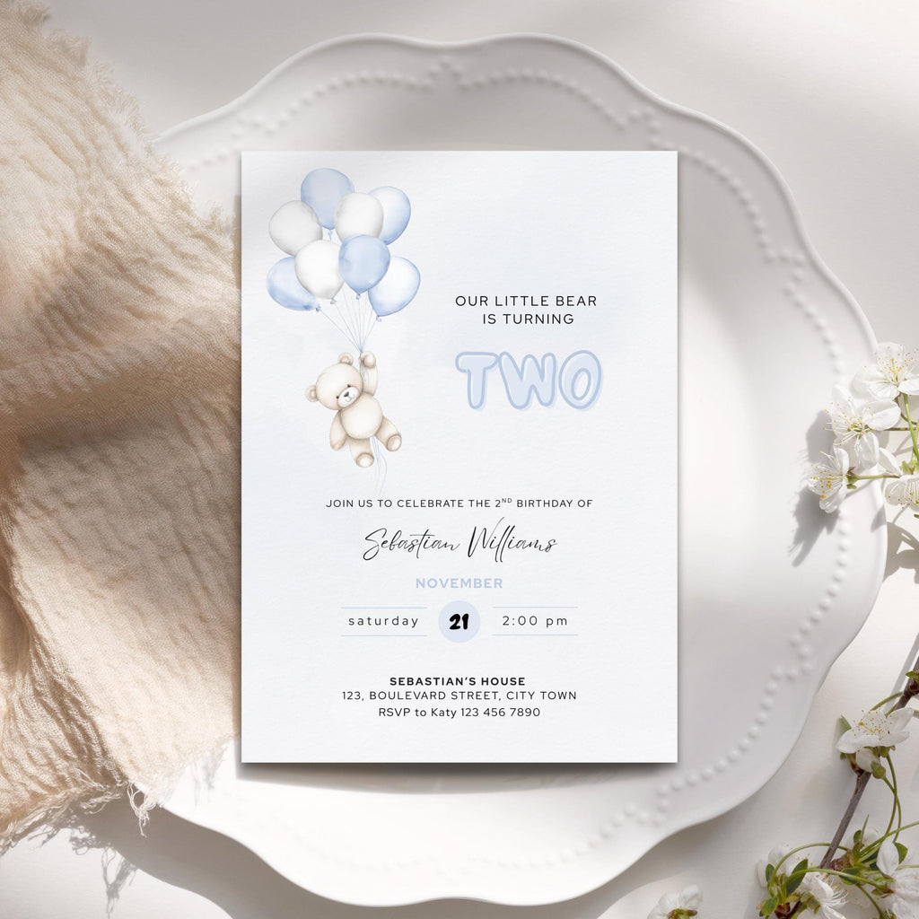 Blue Bear Balloons 2nd Birthday Invitation