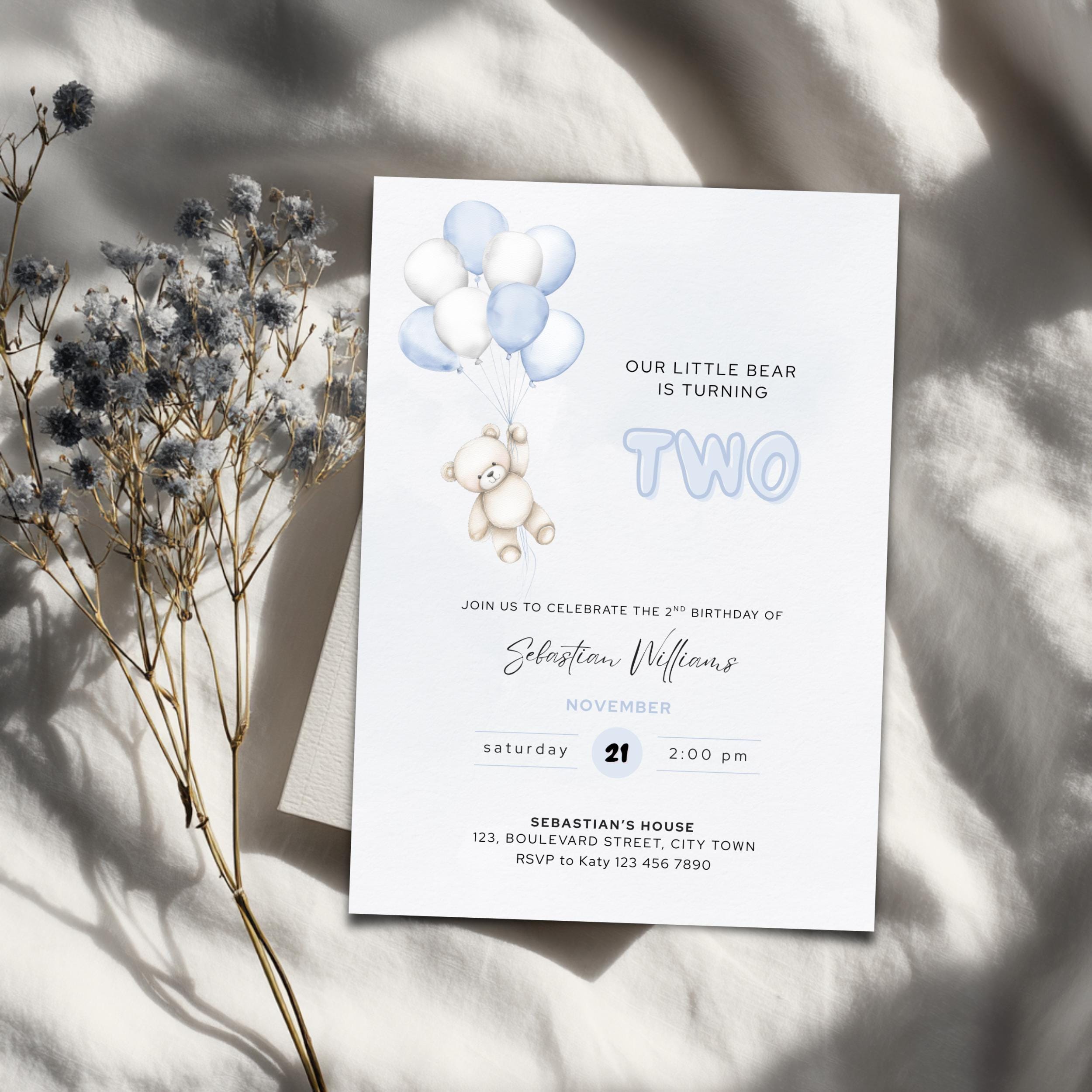 Blue Bear Balloons 2nd Birthday Invitation