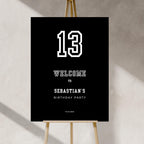 Minimal black sports birthday welcome sign template with a big number