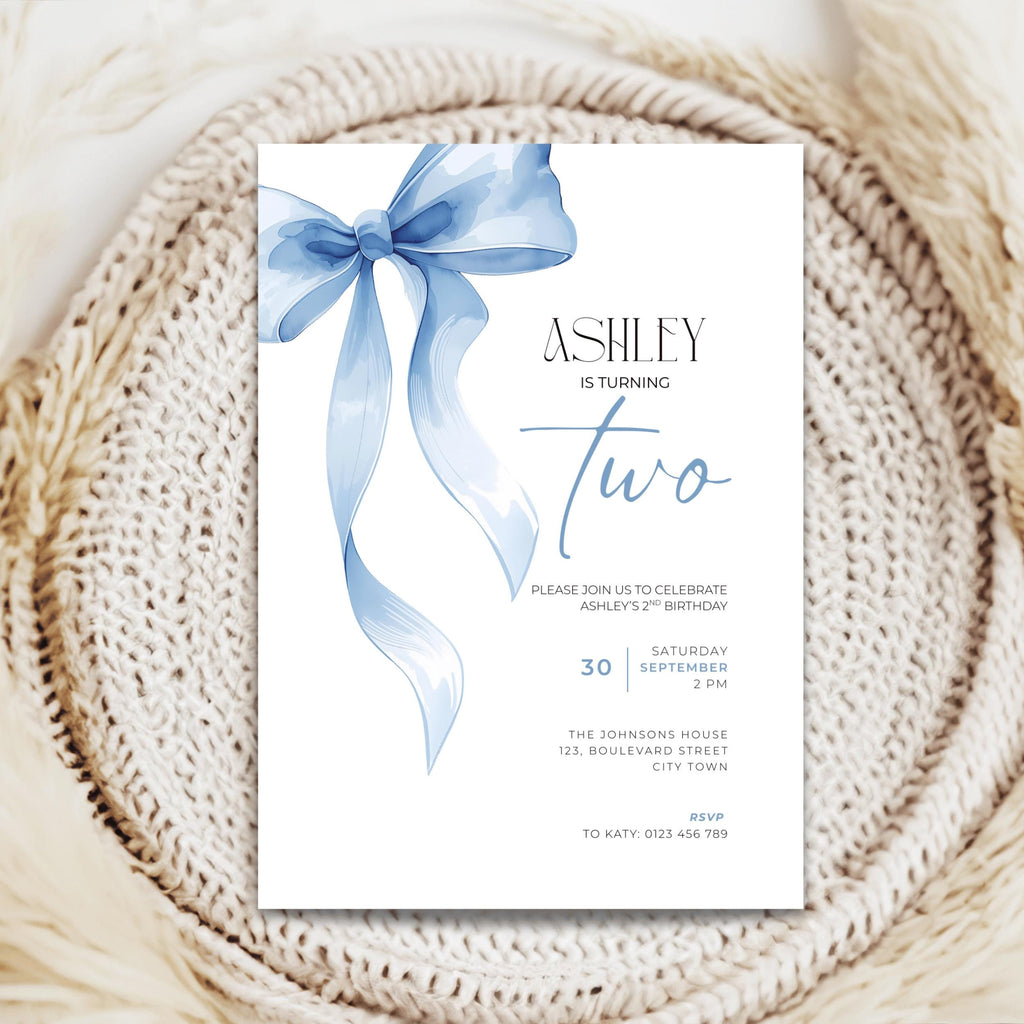 Baby Blue Bow 2nd Birthday Invitation