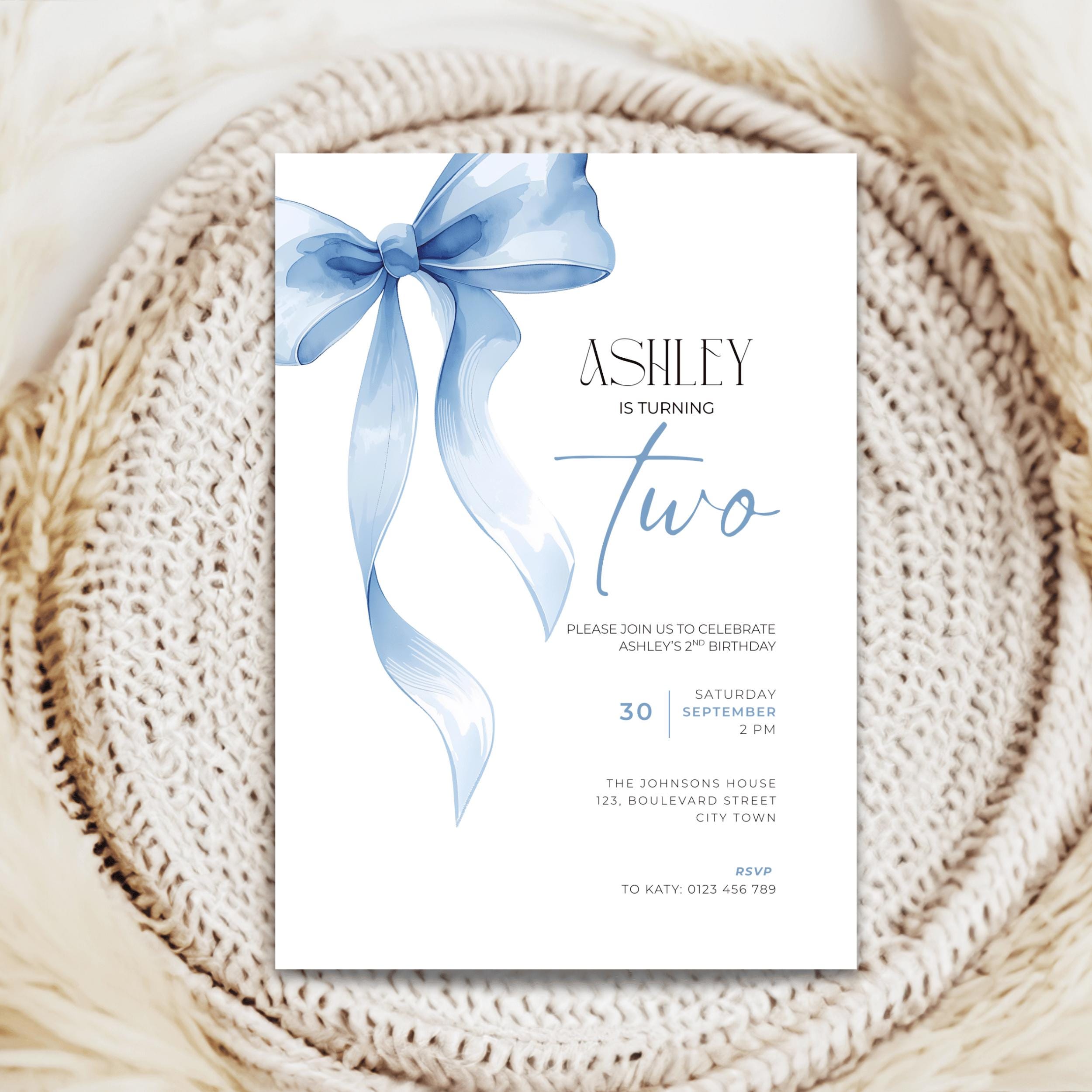 Baby Blue Bow 2nd Birthday Invitation