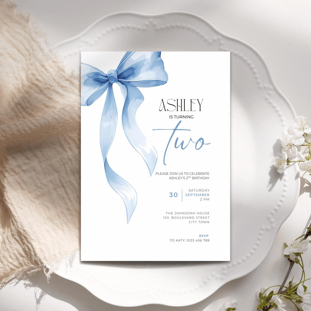 Baby Blue Bow 2nd Birthday Invitation