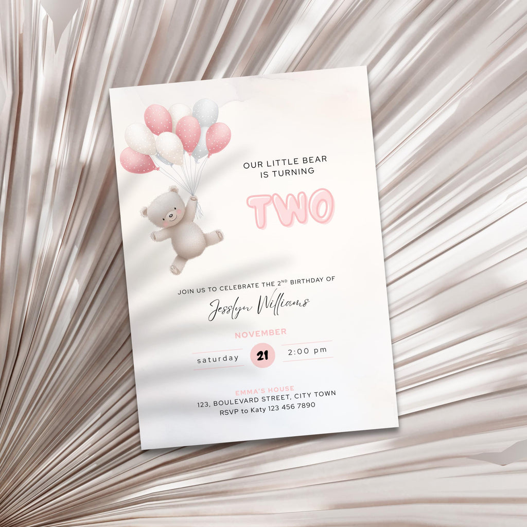 Bear Balloons 2nd Birthday Invitation Pink