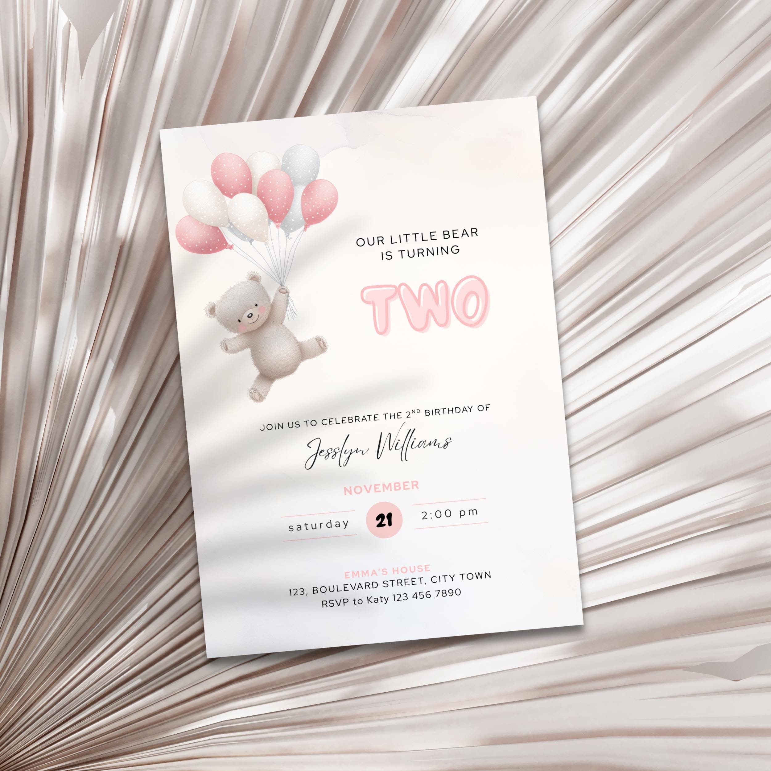 Bear Balloons 2nd Birthday Invitation Pink