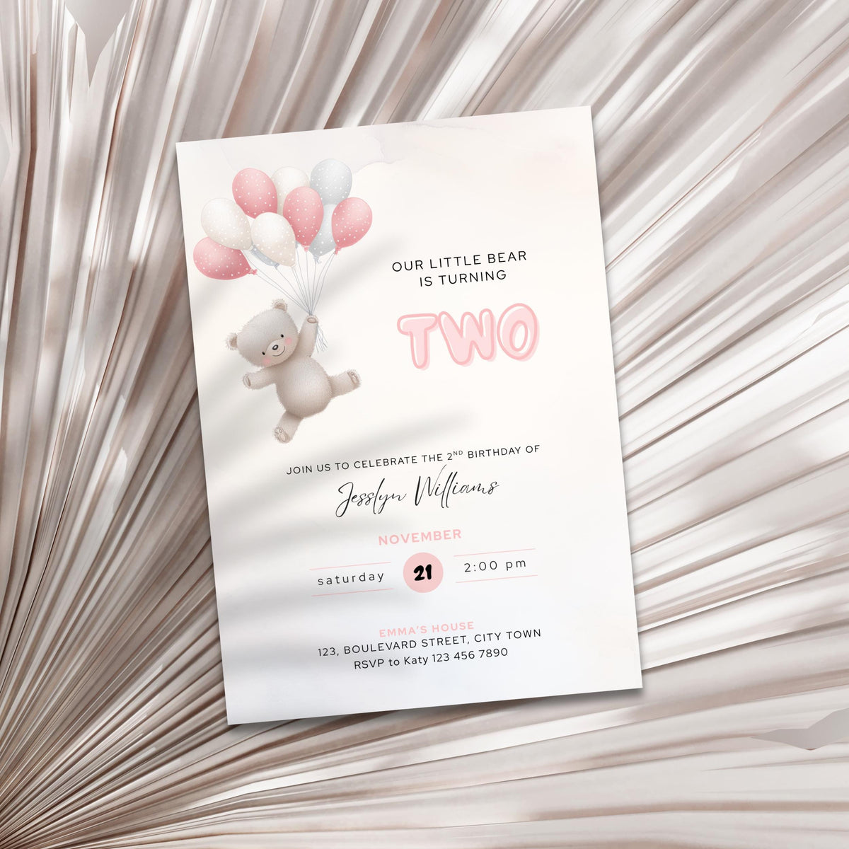 Pink bear balloons 2nd birthday invite shown on smartphone screen
