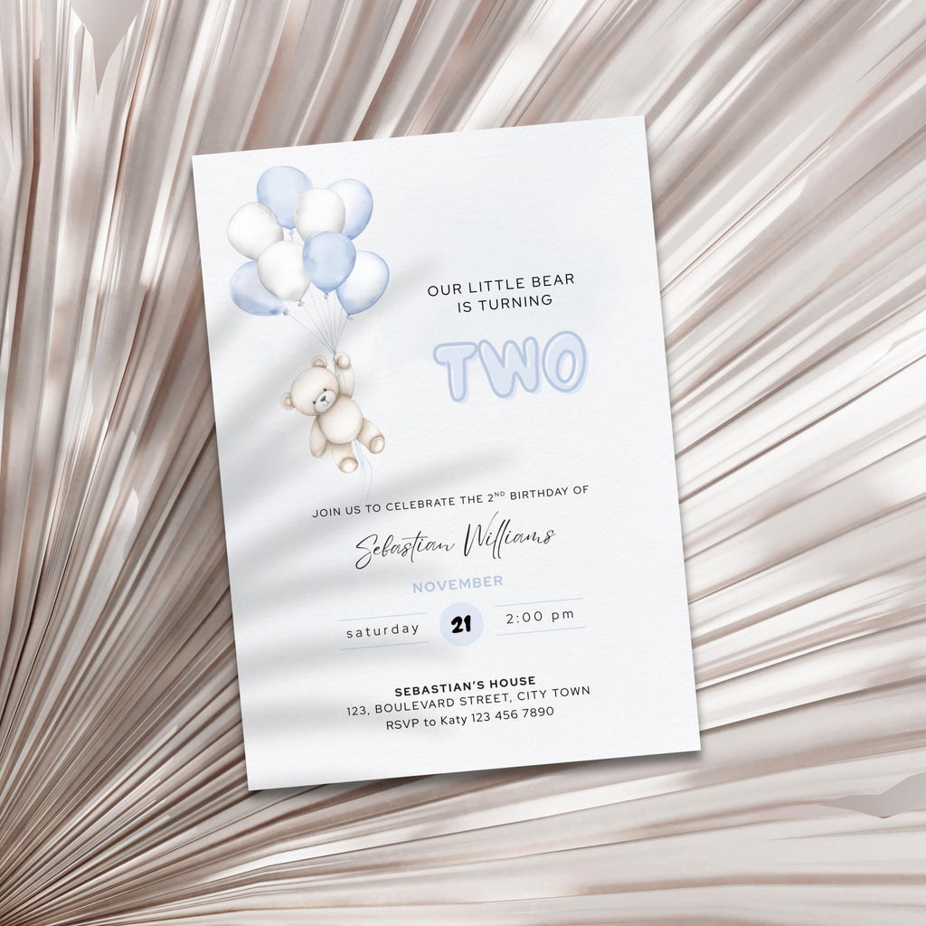 Blue Bear Balloons 2nd Birthday Invitation