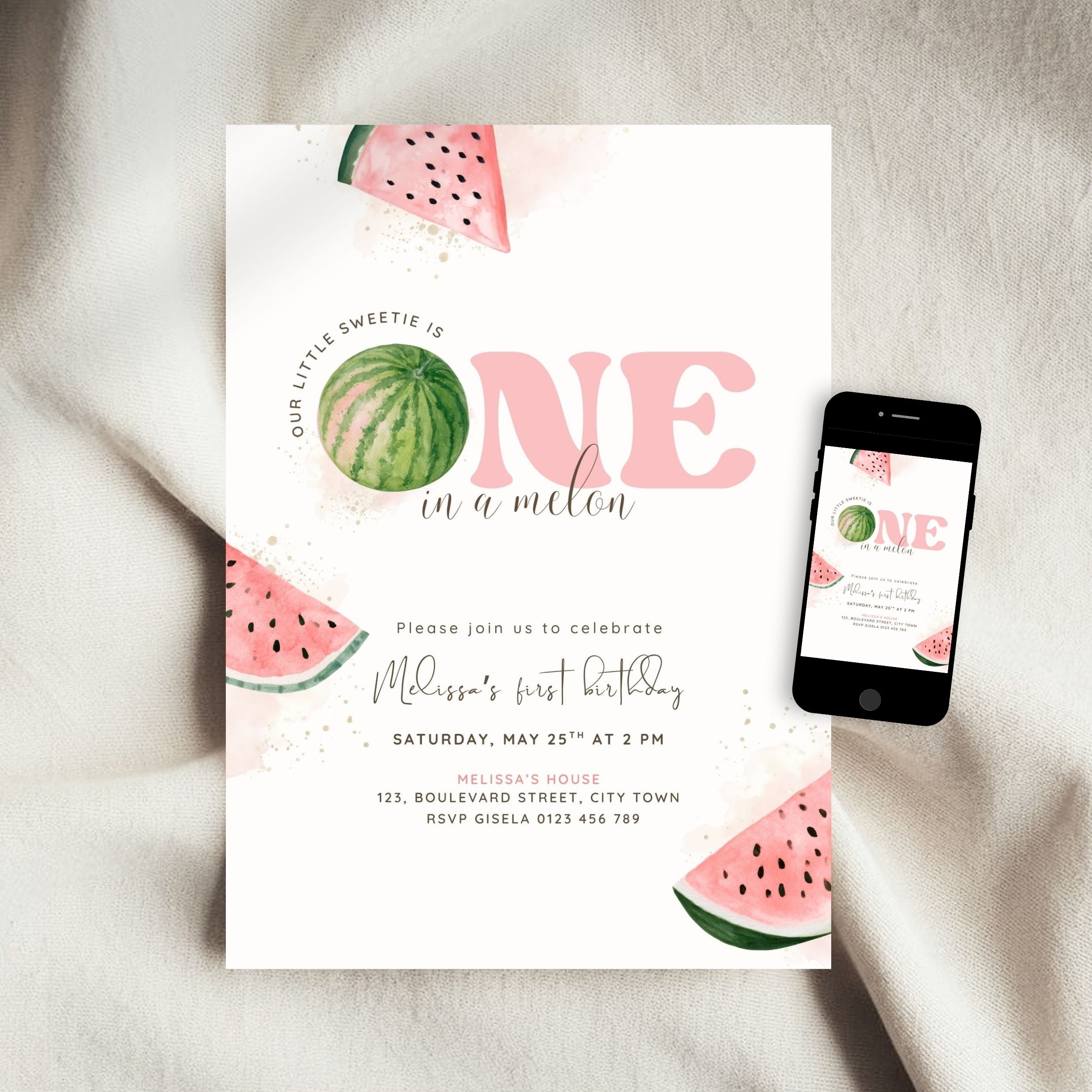 One In A Melon First Birthday Invitation Template Girls