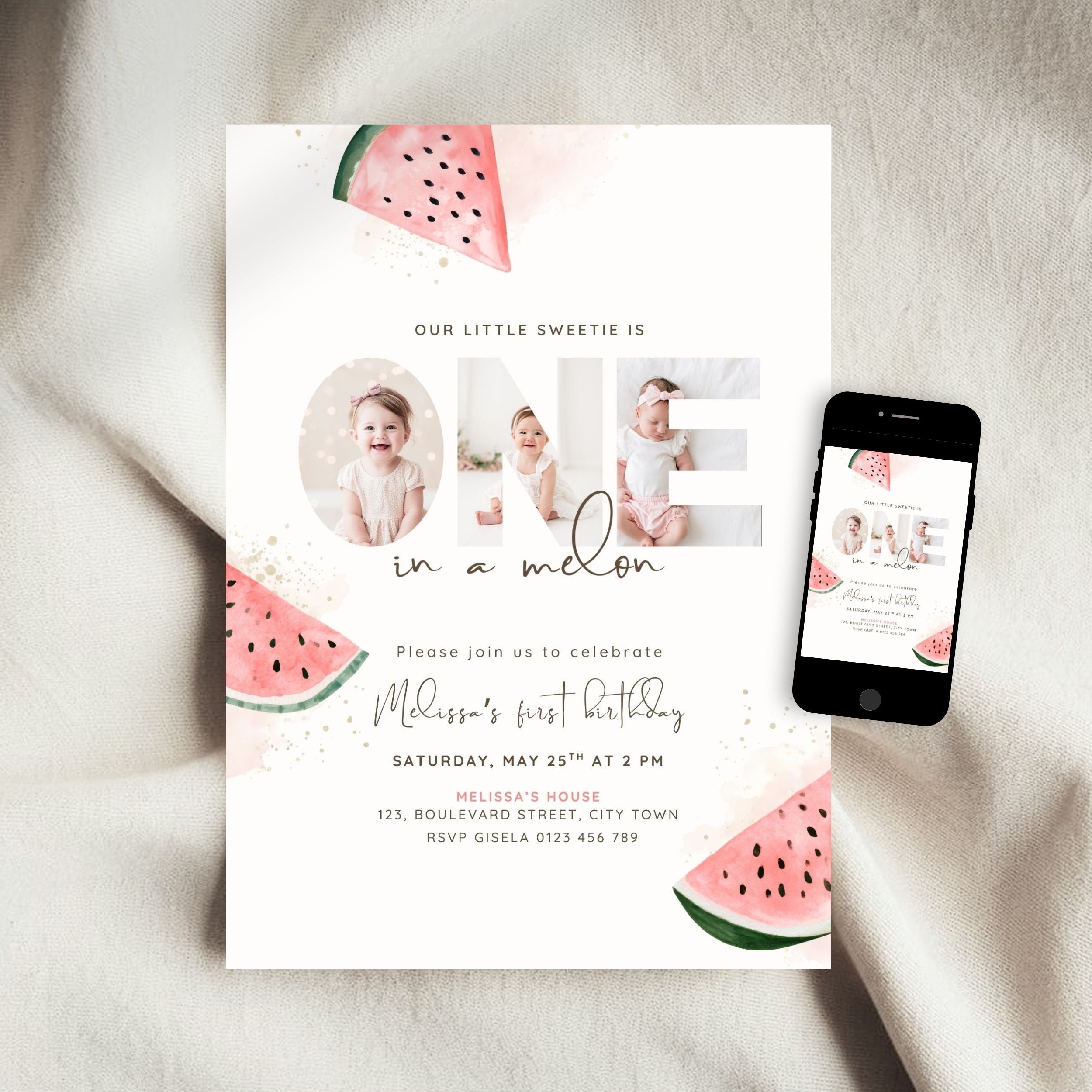 One In A Melon First Birthday Photo Invitation
