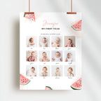 A personalized baby milestone poster hanging from two copper clips against a light gray wall. The white poster features watercolor pink watermelon graphics, the name 'Jennifer' in pink script, and the text 'MY FIRST YEAR' with birth details.