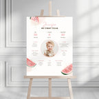 A personalized baby milestone poster for 'Jennifer' displayed on a wooden easel. The white poster features pink and green watermelon graphics, a central photo placeholder of a baby, and cute text detailing baby milestones in a clean, modern room setting.
