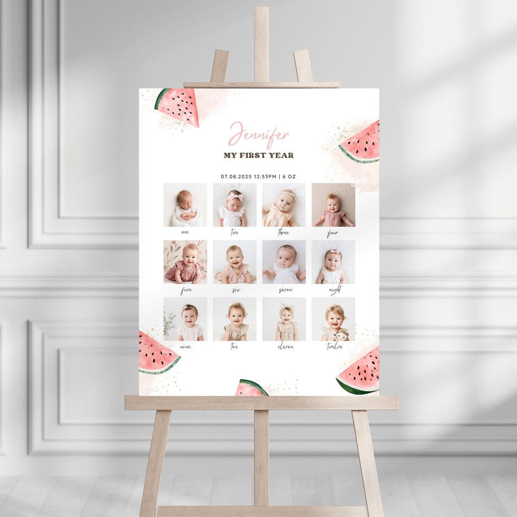 A personalized baby milestone sign on an easel, featuring watermelon illustrations and a grid of baby photos with names and ages, set against a white paneled wall background.