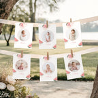Five personalized baby milestone photos clipped to two horizontal strings outdoors, with watermelon slice graphics on the cards and a blurred park background.