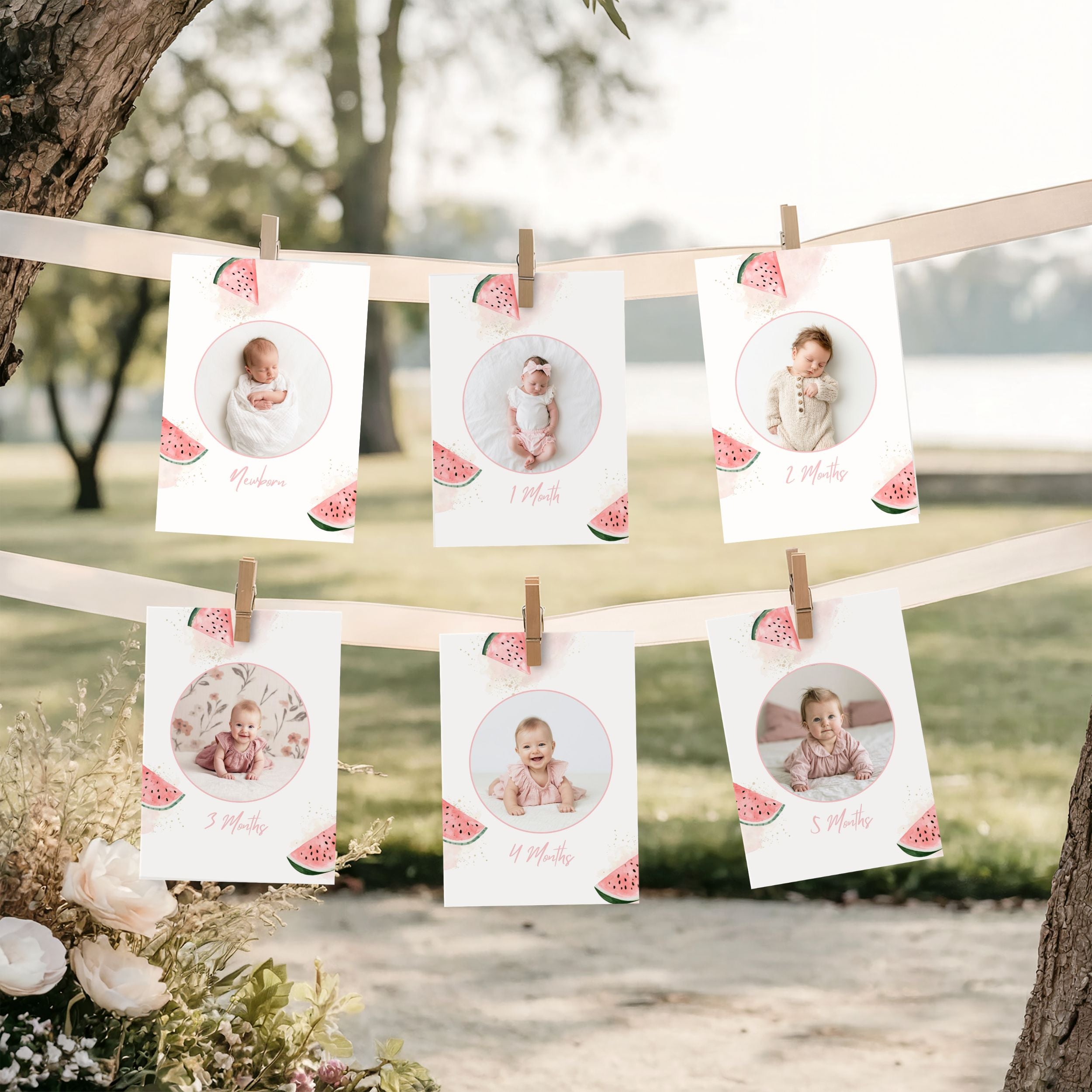 Five personalized baby milestone photos clipped to two horizontal strings outdoors, with watermelon slice graphics on the cards and a blurred park background.