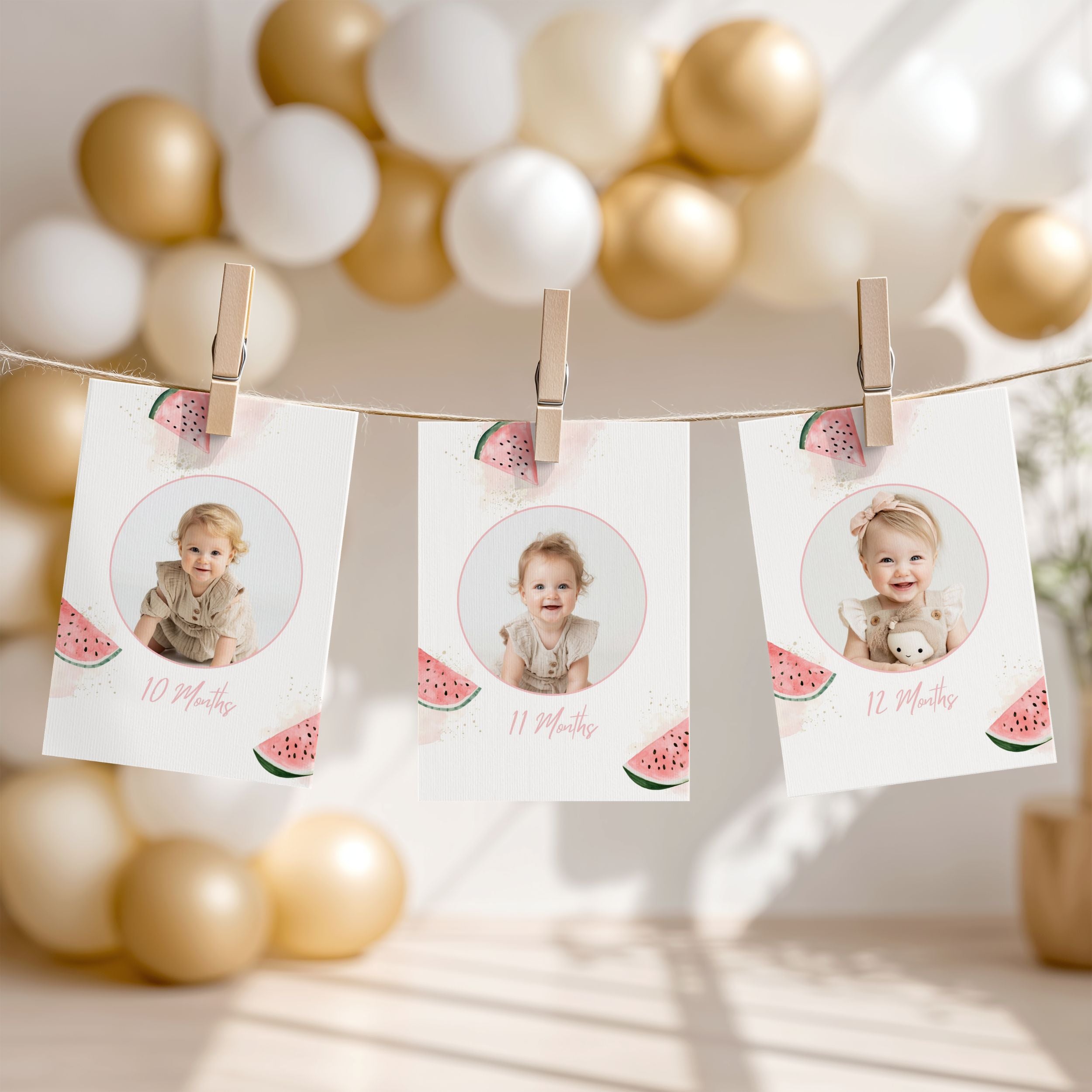 Three personalized photo cards clipped to a string with wooden clothespins, decorated with watermelon graphics and milestone text, set against a soft background of gold and white balloons.