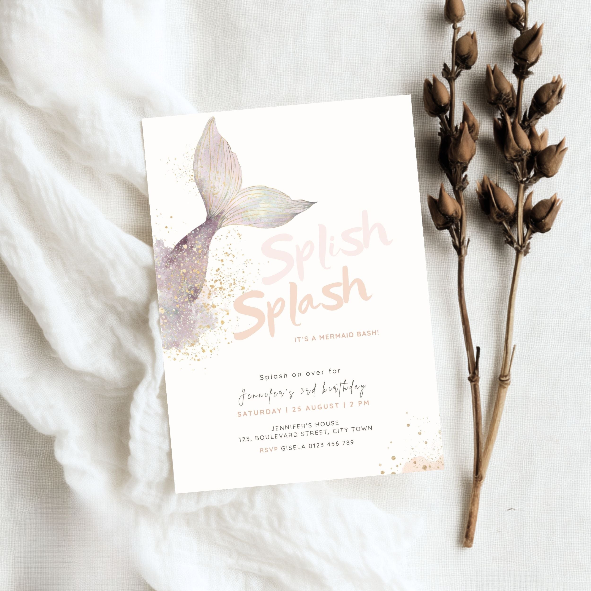 Mermaid Splish Splash Birthday Invitation Template Girls