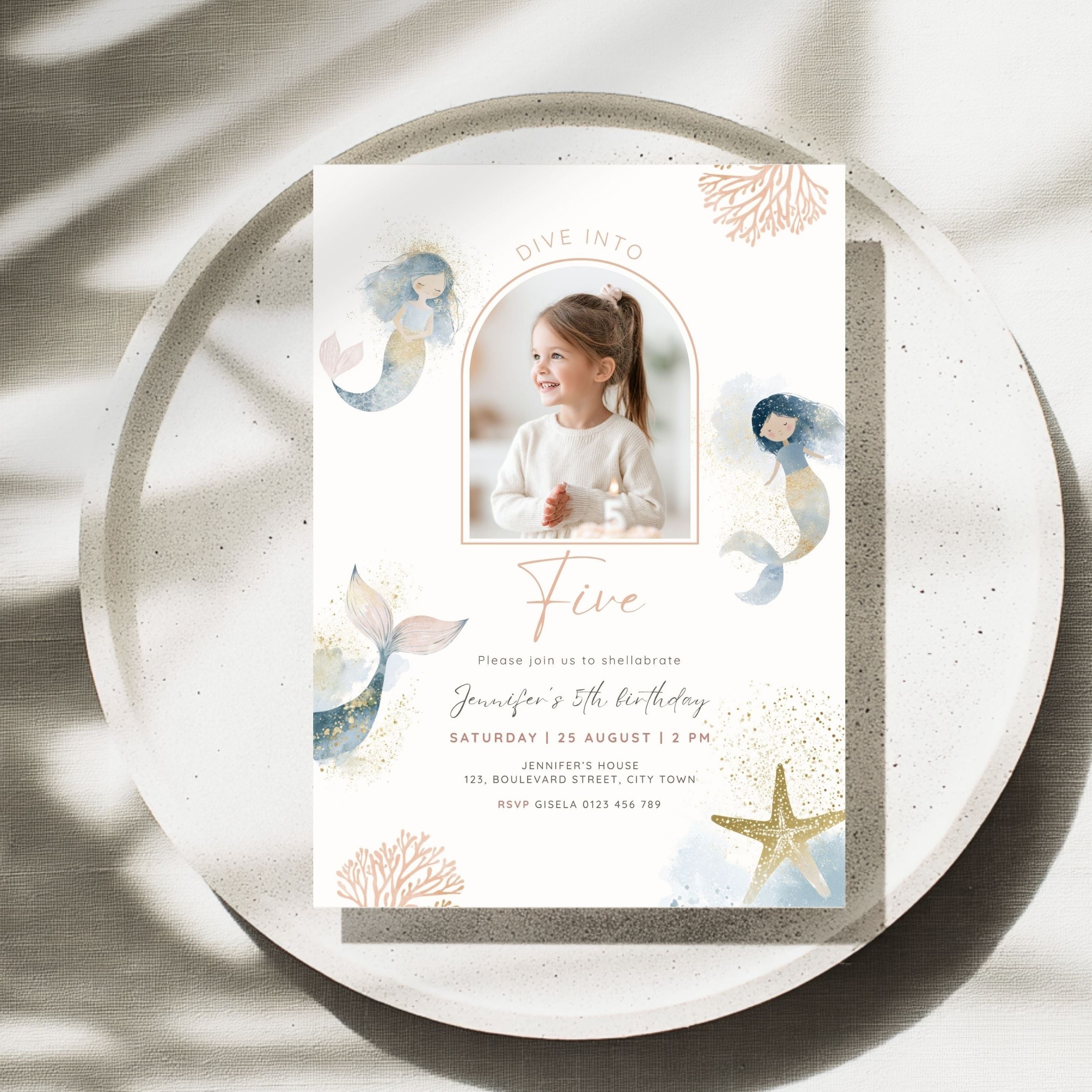 Mermaid 5th Birthday Photo Invitation Template Girls