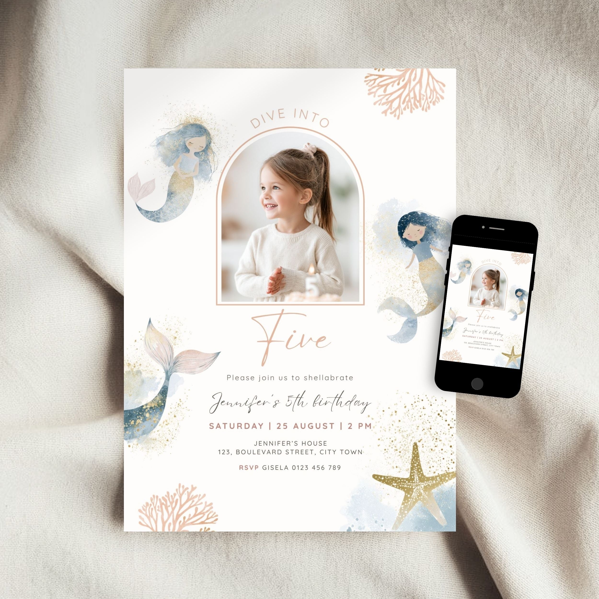 Mermaid 5th Birthday Photo Invitation Template Girls