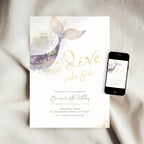 A mermaid-themed birthday invitation card is styled on a soft white fabric background next to a smartphone displaying the same design. The card features a watercolor mermaid tail in purple, lavender, and gold, with gold foil-style text reading 'Dive into five' and black event details below.