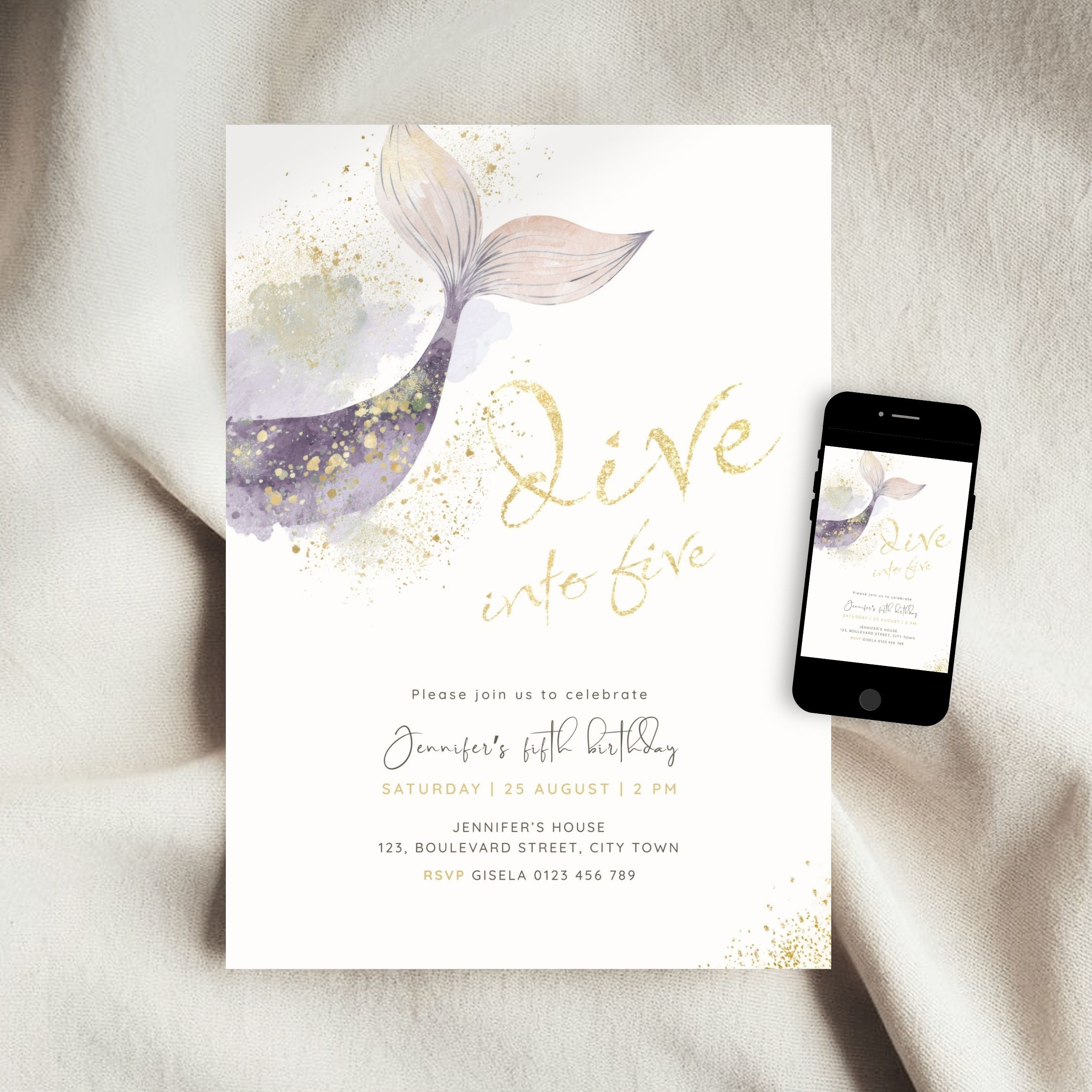 A mermaid-themed birthday invitation card is styled on a soft white fabric background next to a smartphone displaying the same design. The card features a watercolor mermaid tail in purple, lavender, and gold, with gold foil-style text reading 'Dive into five' and black event details below.