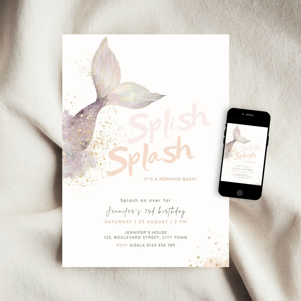 Mermaid Splish Splash Birthday Invitation Template Girls